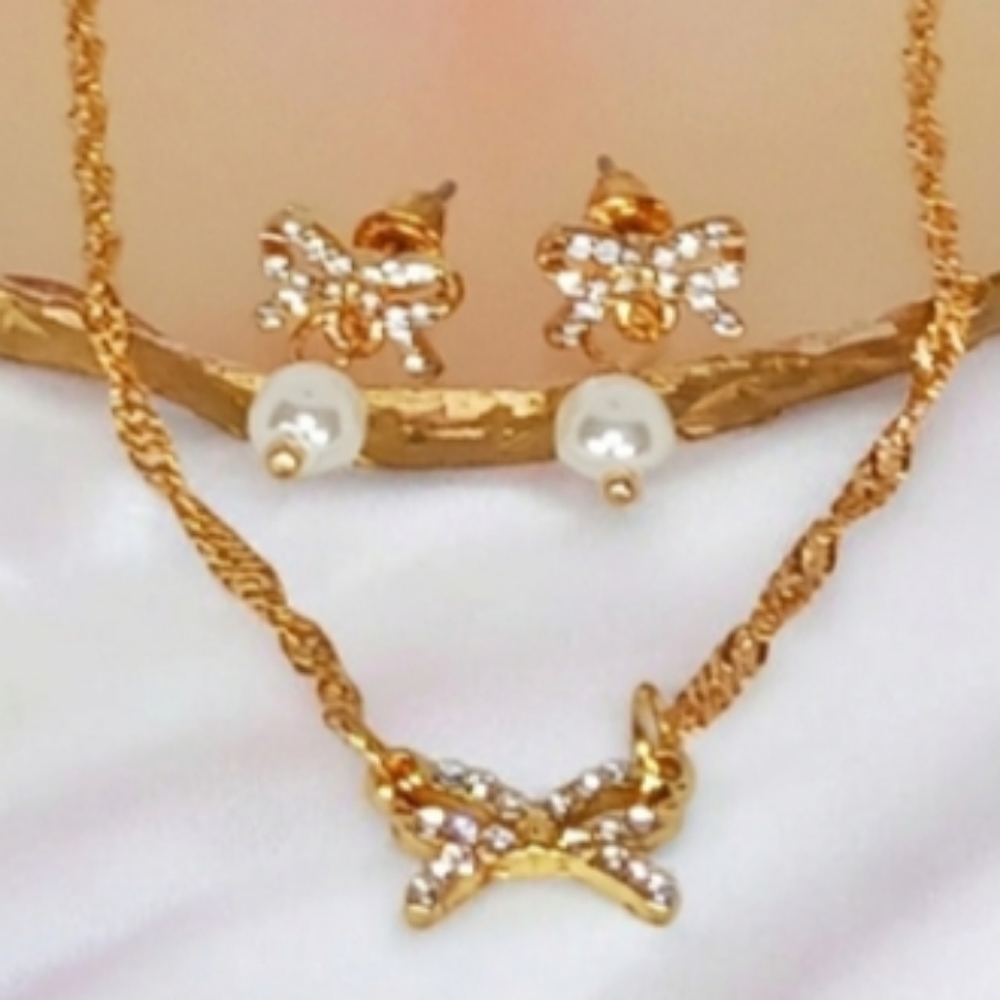 Gold Pendant Necklace Bow Charm Matching Pierced Earrings Set 50s 1960s Preppy